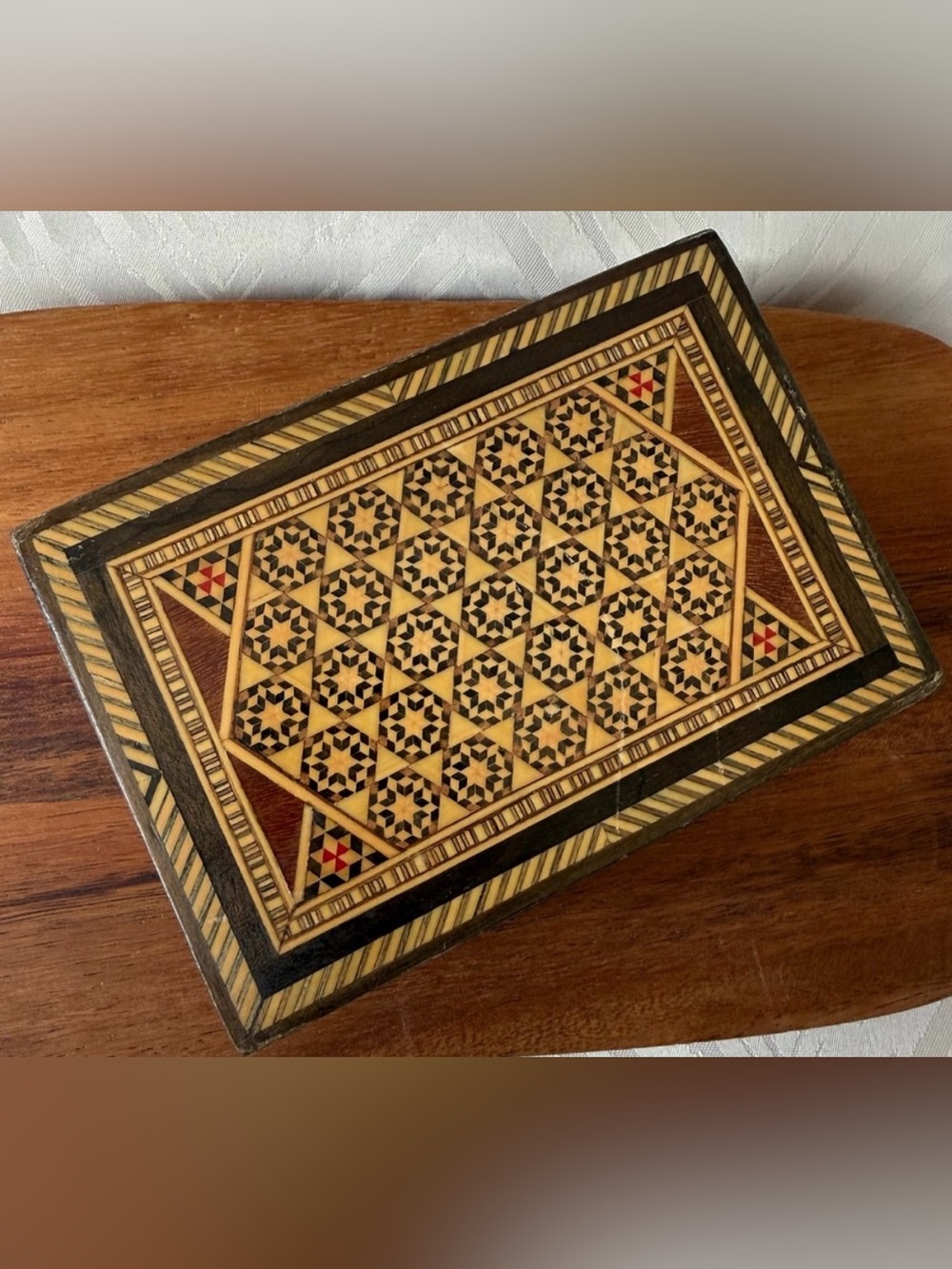 VTG Trinket Jewelry Wooden Box Inlay Mosaic Geometric